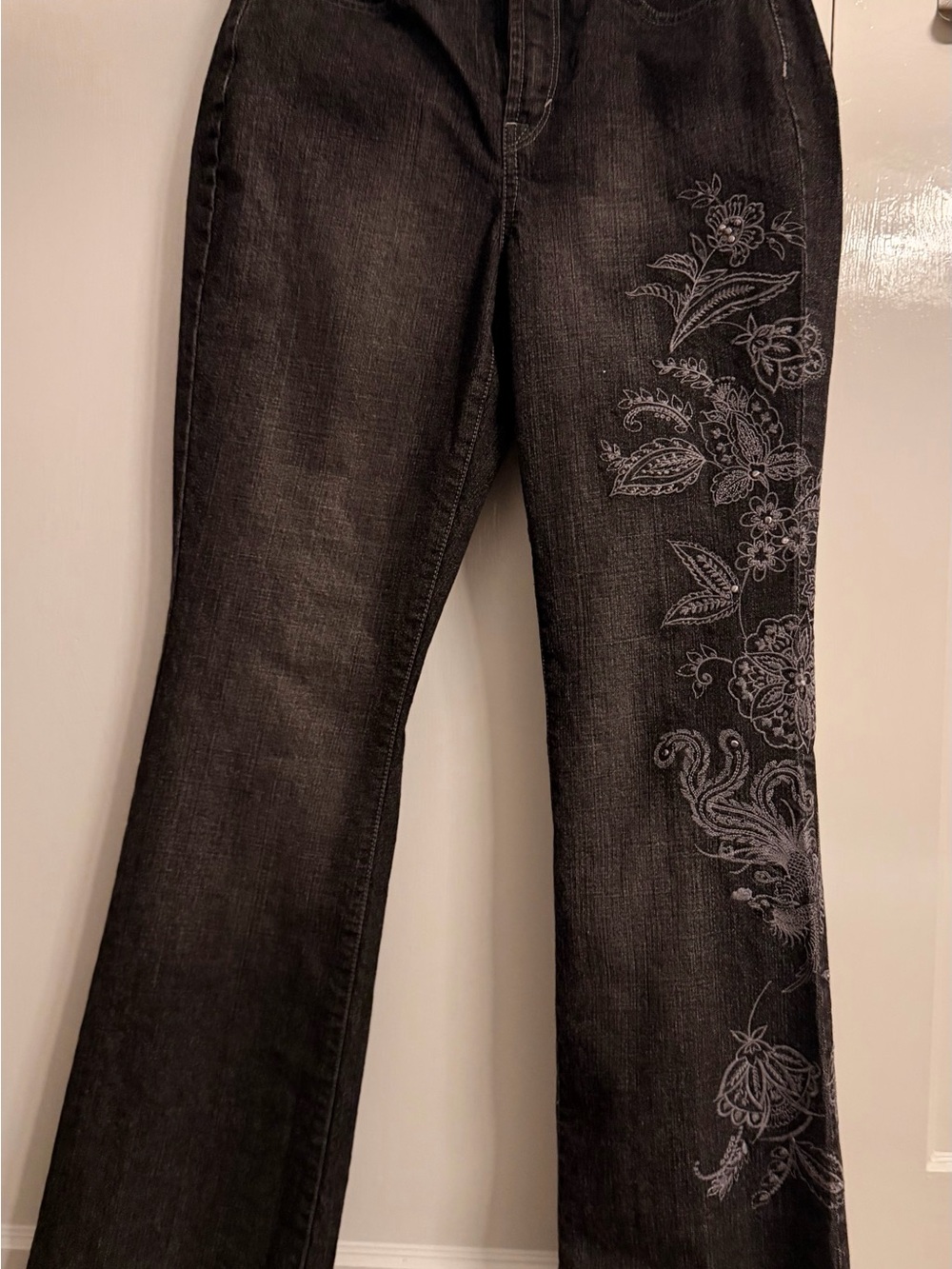 jeanstar Dark Blue Flare Jeans with Floral Embroidery